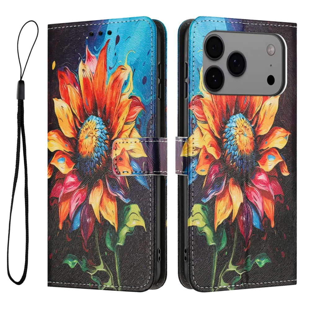 For iPhone 18 Pro Max / 17 Pro Max Wallet Case Pattern Printing PU Leather Phone Cover with Lanyard - Sunflower - 1