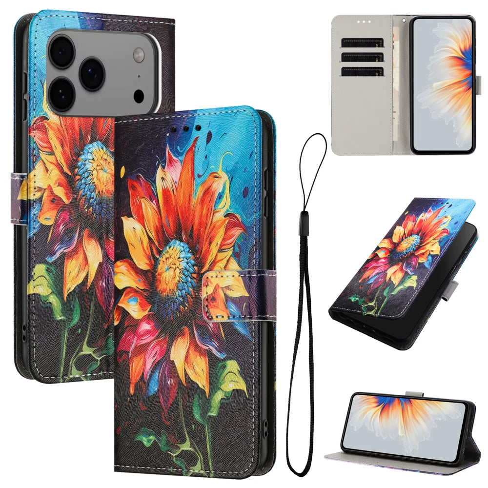 For iPhone 18 Pro Max / 17 Pro Max Wallet Case Pattern Printing PU Leather Phone Cover with Lanyard - Sunflower - 2