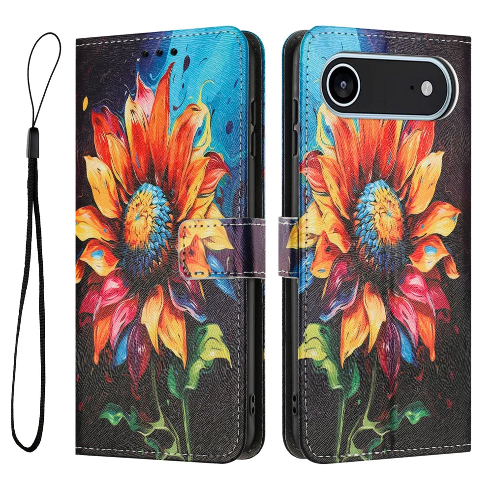 For iPhone Air Wallet Case Pattern Printing PU Leather Phone Cover with Lanyard - Sunflower - 1
