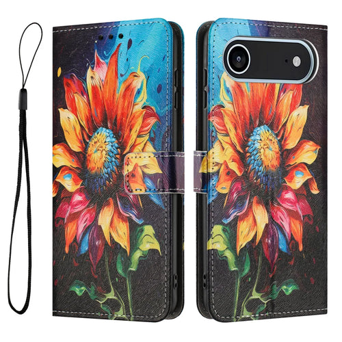 For iPhone Air Wallet Case Pattern Printing PU Leather Phone Cover with Lanyard - Sunflower - 1