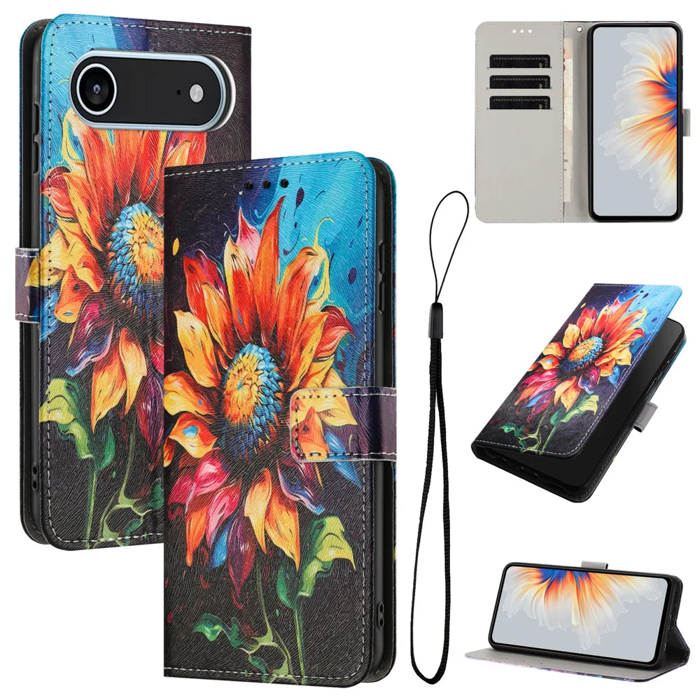 For iPhone Air Wallet Case Pattern Printing PU Leather Phone Cover with Lanyard - Sunflower - 2