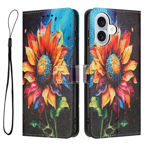 For iPhone 17 Wallet Case Pattern Printing PU Leather Phone Cover with Lanyard - Sunflower - 1