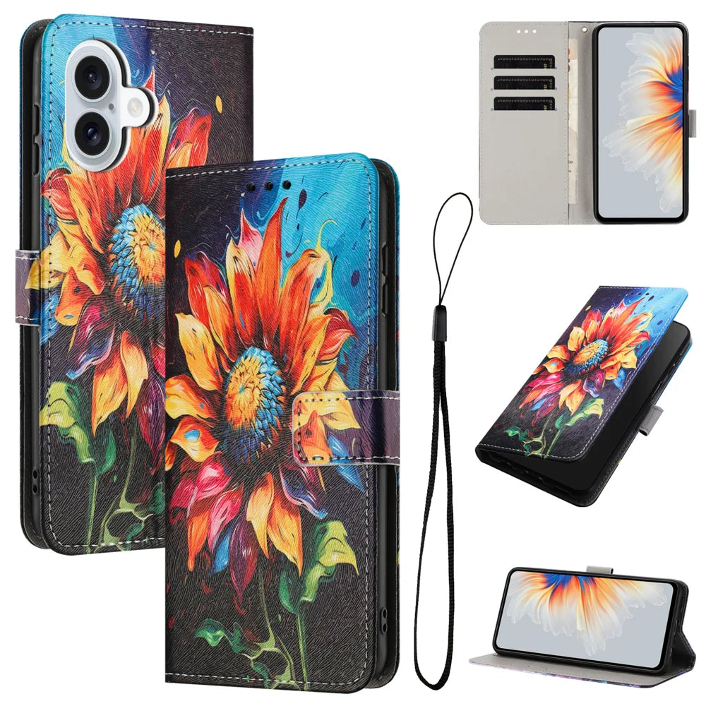 For iPhone 17 Wallet Case Pattern Printing PU Leather Phone Cover with Lanyard - Sunflower - 2