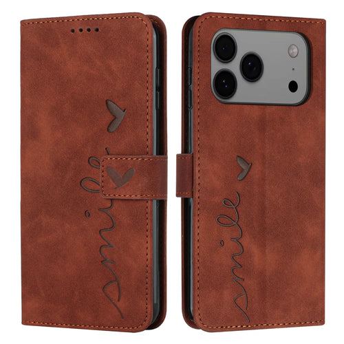 For iPhone 18 Pro Max / 17 Pro Max Stand Case PU Leather Phone Cover Imprinted Heart Pattern - Brown - 1