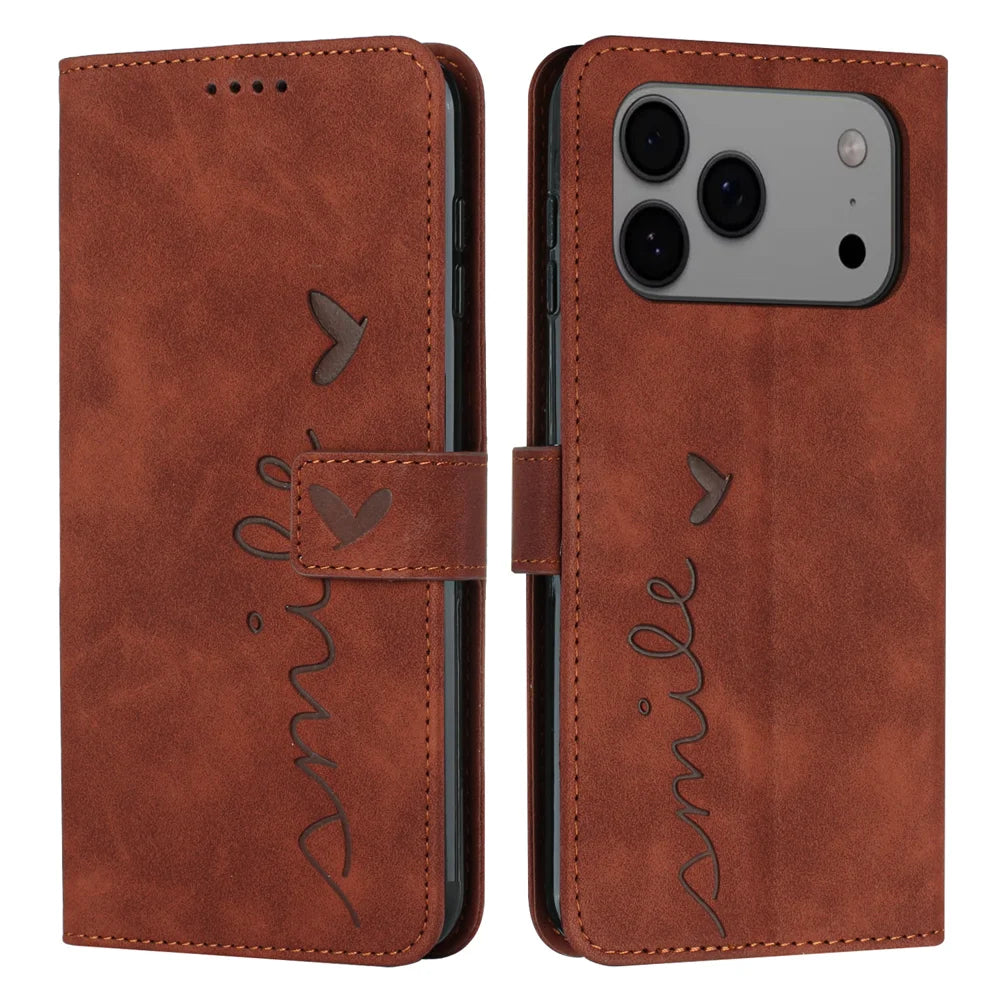 For iPhone 18 Pro Max / 17 Pro Max Stand Case PU Leather Phone Cover Imprinted Heart Pattern - Brown - 1