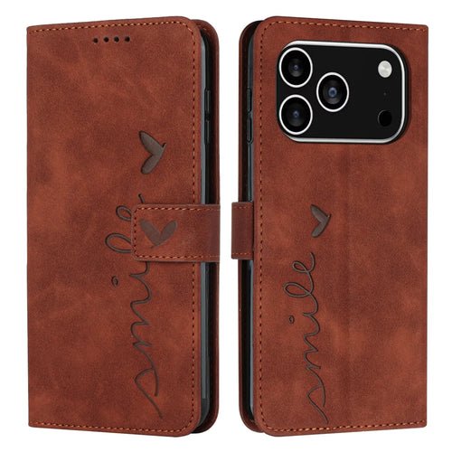 For iPhone 18 Pro / 17 Pro Stand Case PU Leather Phone Cover Imprinted Heart Pattern - Brown - 1