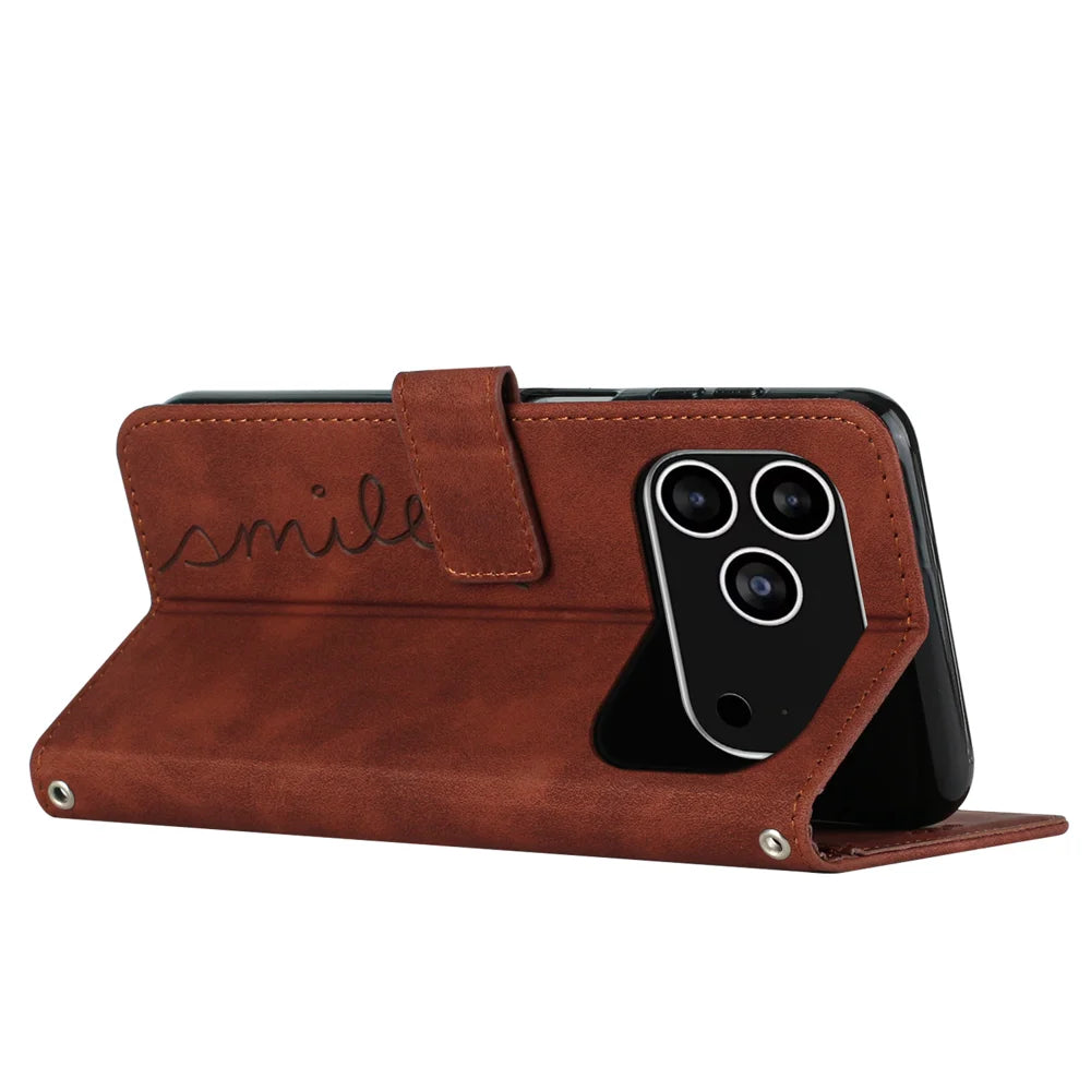 For iPhone 18 Pro / 17 Pro Stand Case PU Leather Phone Cover Imprinted Heart Pattern - Brown - 4