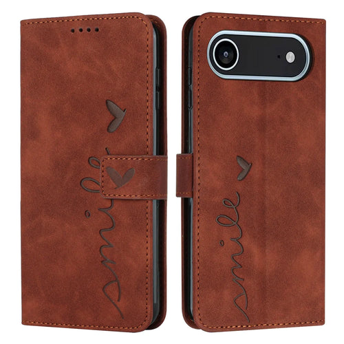 For iPhone Air Stand Case PU Leather Phone Cover Imprinted Heart Pattern - Brown - 1