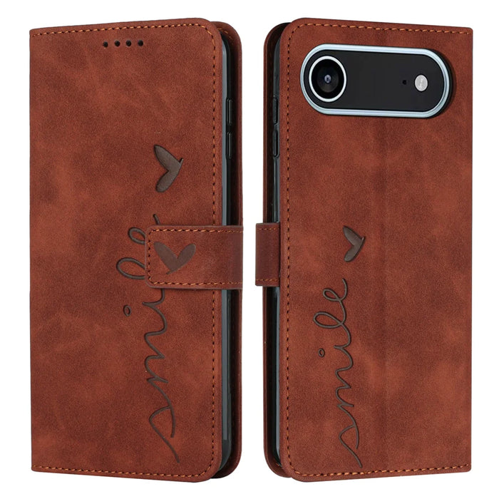 For iPhone Air Stand Case PU Leather Phone Cover Imprinted Heart Pattern - Brown - 1