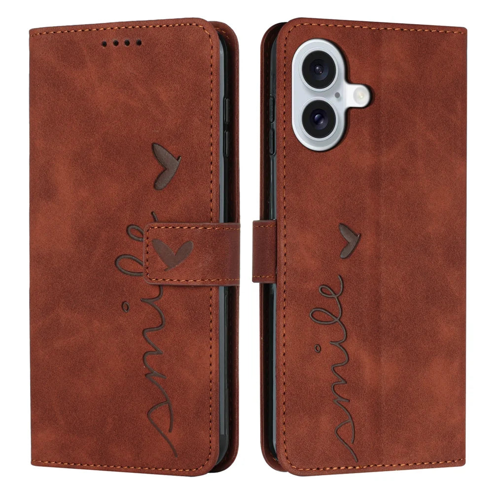 For iPhone 17 Stand Case PU Leather Phone Cover Imprinted Heart Pattern - Brown - 1