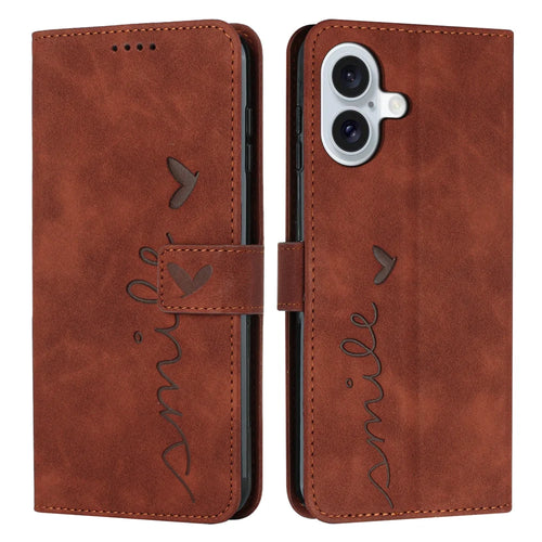 For iPhone 17 Stand Case PU Leather Phone Cover Imprinted Heart Pattern - Brown - 1