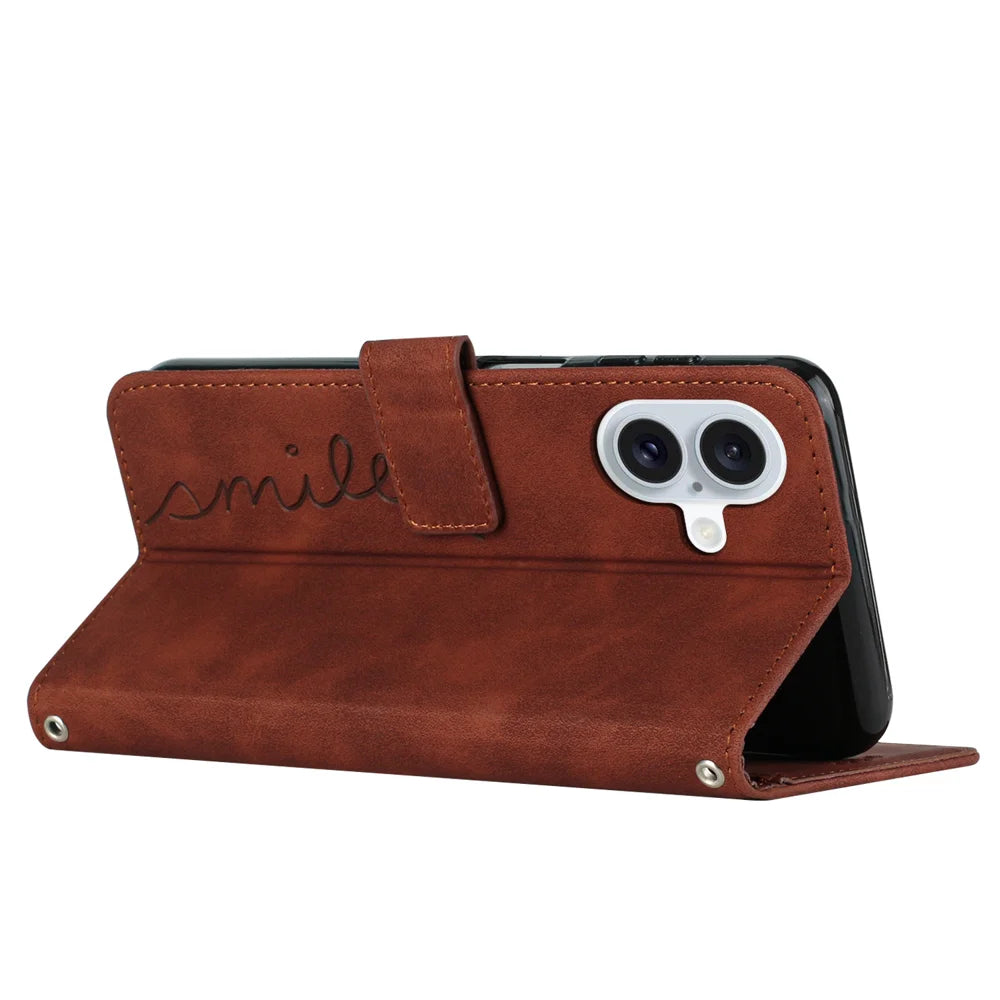 For iPhone 17 Stand Case PU Leather Phone Cover Imprinted Heart Pattern - Brown - 4
