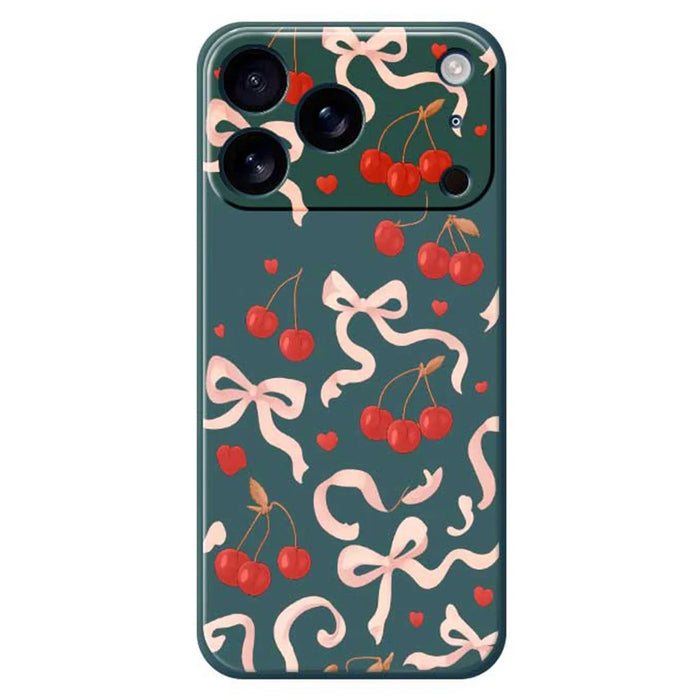 For iPhone 18 Pro / 17 Pro Case Big Bow Cherry Pattern Printing Straight Edge TPU Phone Back Cover - Green - 1