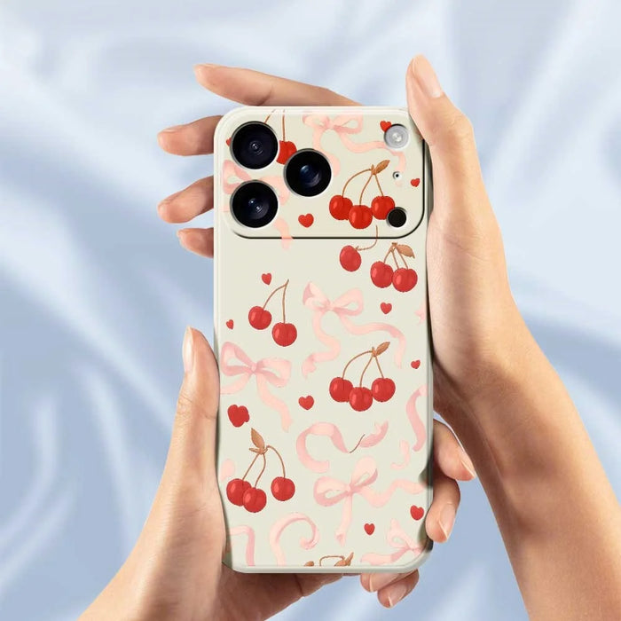 For iPhone 18 Pro / 17 Pro Case Big Bow Cherry Pattern Printing Straight Edge TPU Phone Back Cover - Green - 4