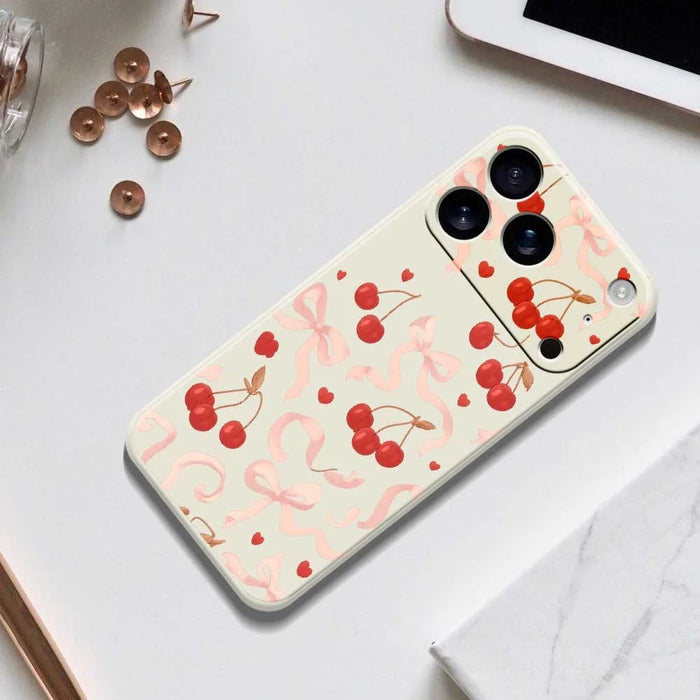 For iPhone 18 Pro / 17 Pro Case Big Bow Cherry Pattern Printing Straight Edge TPU Phone Back Cover - Green - 6