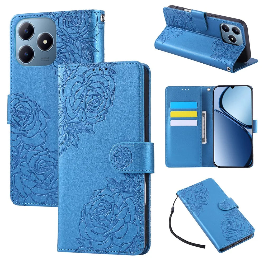 Phone Case For Realme C63 4G / C61 4G / Narzo N63 4G / C65s , Rose Flower PU Leather Wallet Cover with 3 Card Slots / Wrist Strap - Blue - 1