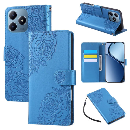 Phone Case For Realme C63 4G / C61 4G / Narzo N63 4G / C65s , Rose Flower PU Leather Wallet Cover with 3 Card Slots / Wrist Strap - Blue - 1