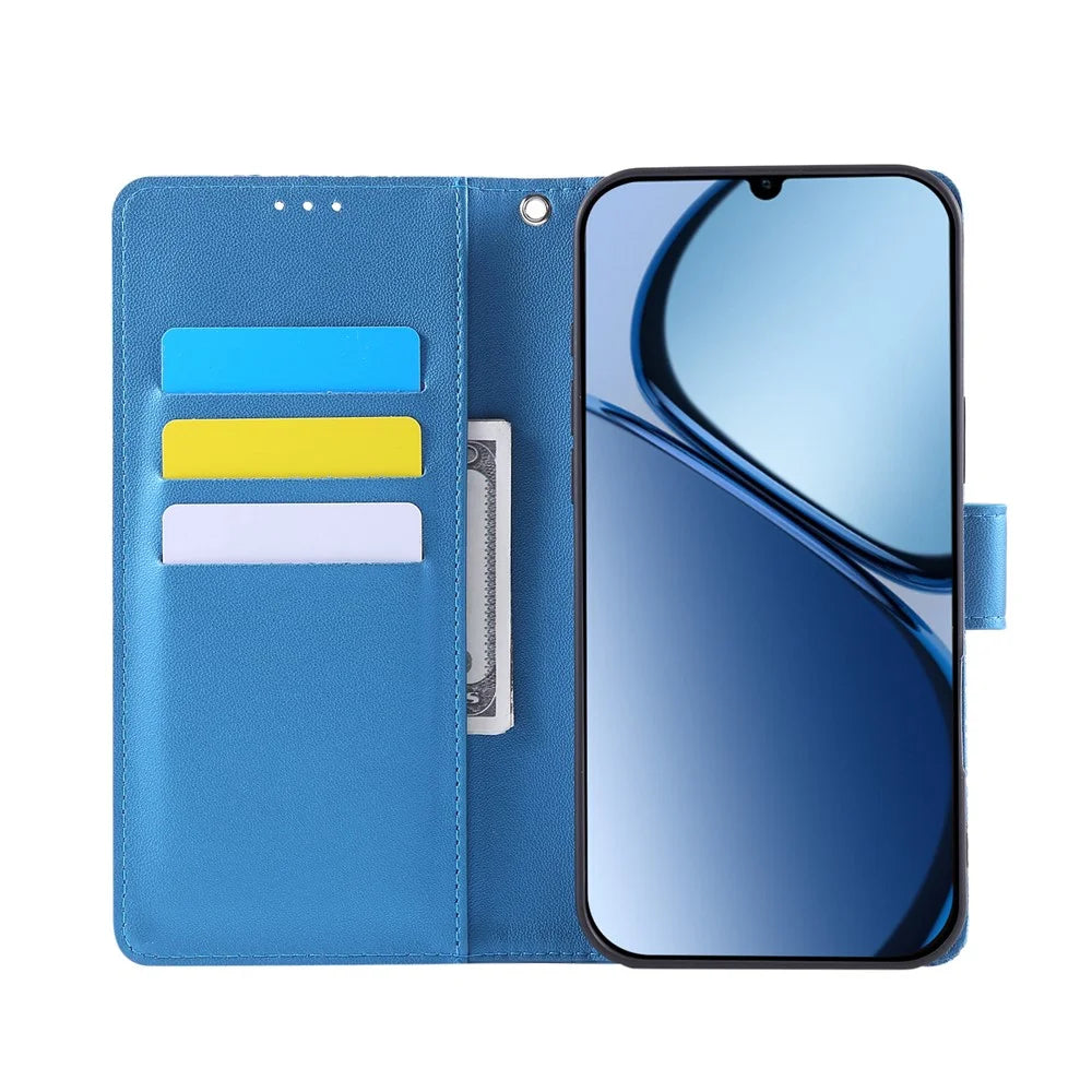 Phone Case For Realme C63 4G / C61 4G / Narzo N63 4G / C65s , Rose Flower PU Leather Wallet Cover with 3 Card Slots / Wrist Strap - Blue - 2