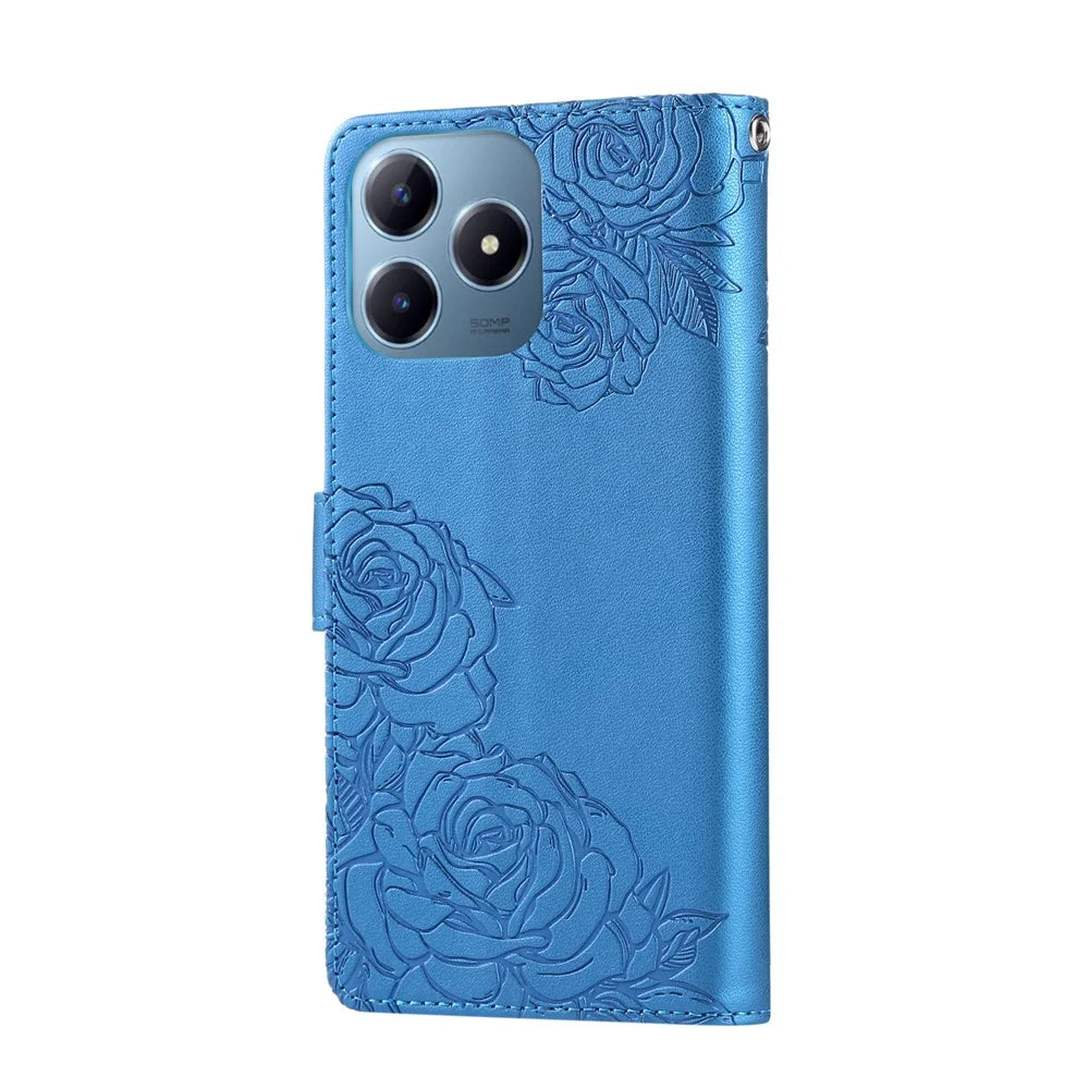 Phone Case For Realme C63 4G / C61 4G / Narzo N63 4G / C65s , Rose Flower PU Leather Wallet Cover with 3 Card Slots / Wrist Strap - Blue - 7