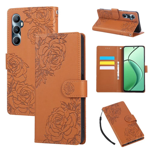For Realme C65 4G Case Rose Flower PU Leather Wallet Phone Cover with 3 Card Slots / Wrist Strap - Brown - 1