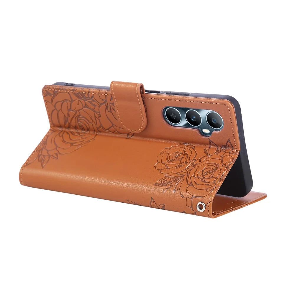 For Realme C65 4G Case Rose Flower PU Leather Wallet Phone Cover with 3 Card Slots / Wrist Strap - Brown - 2