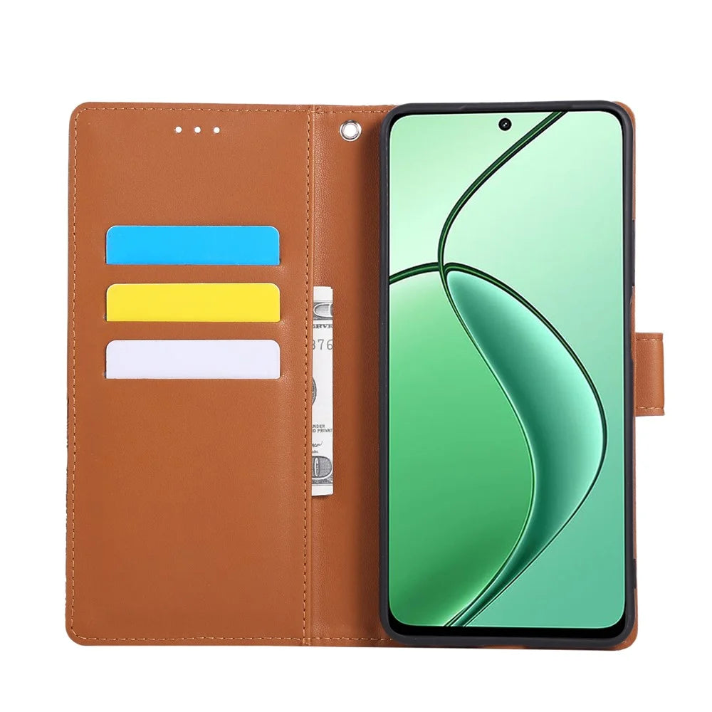 For Realme C65 4G Case Rose Flower PU Leather Wallet Phone Cover with 3 Card Slots / Wrist Strap - Brown - 4