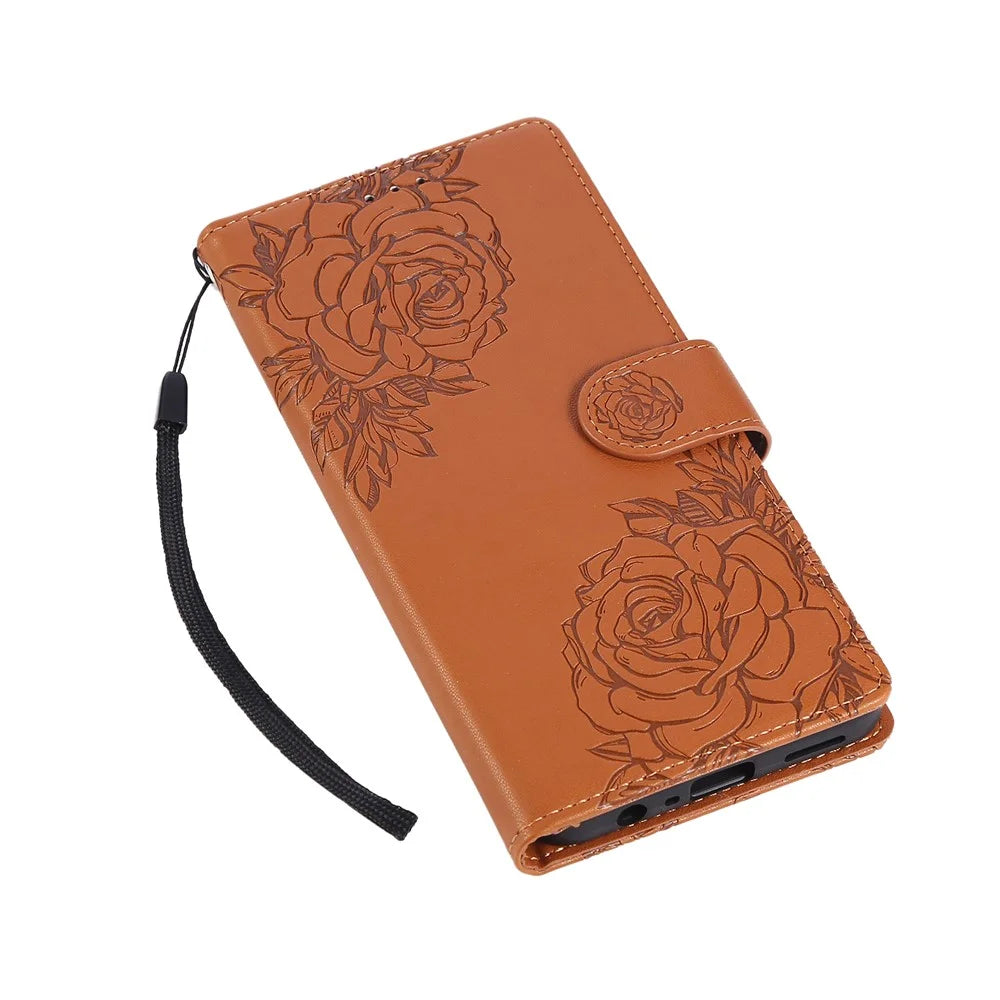 For Realme C65 4G Case Rose Flower PU Leather Wallet Phone Cover with 3 Card Slots / Wrist Strap - Brown - 5