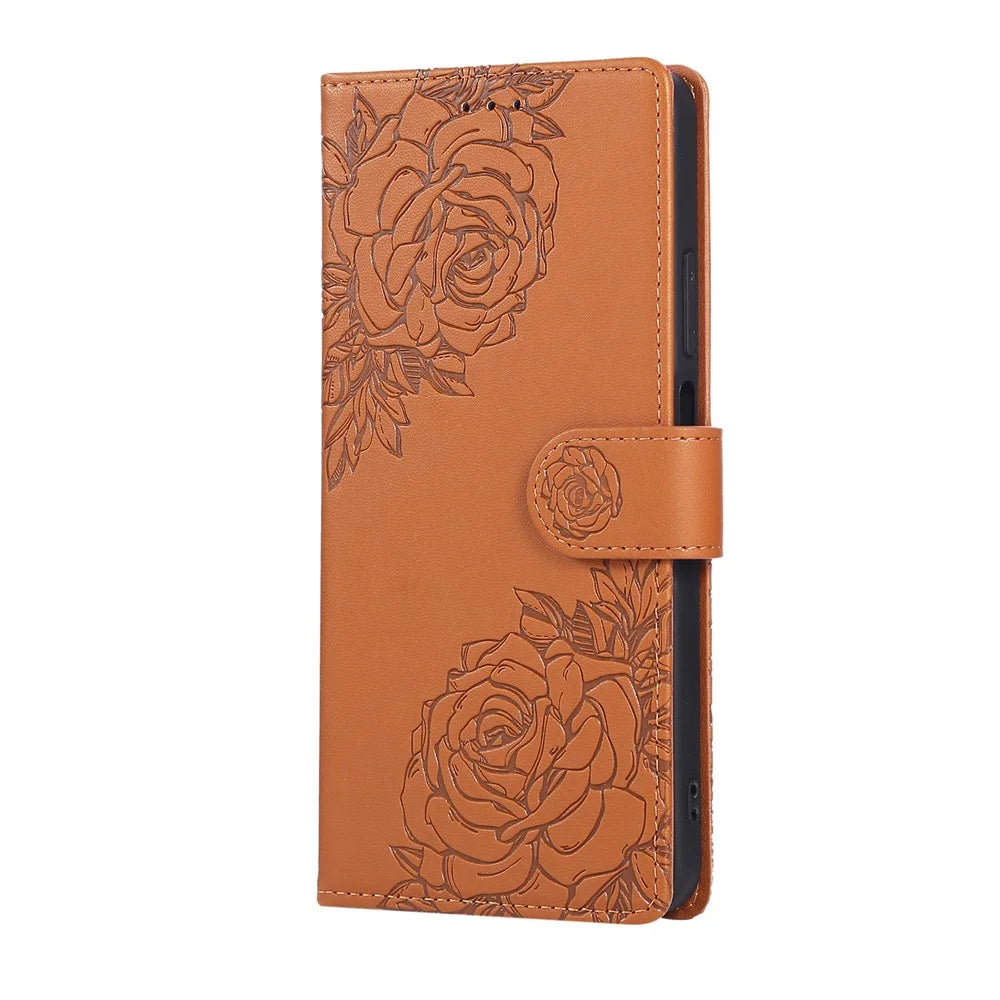 For Realme C65 4G Case Rose Flower PU Leather Wallet Phone Cover with 3 Card Slots / Wrist Strap - Brown - 6