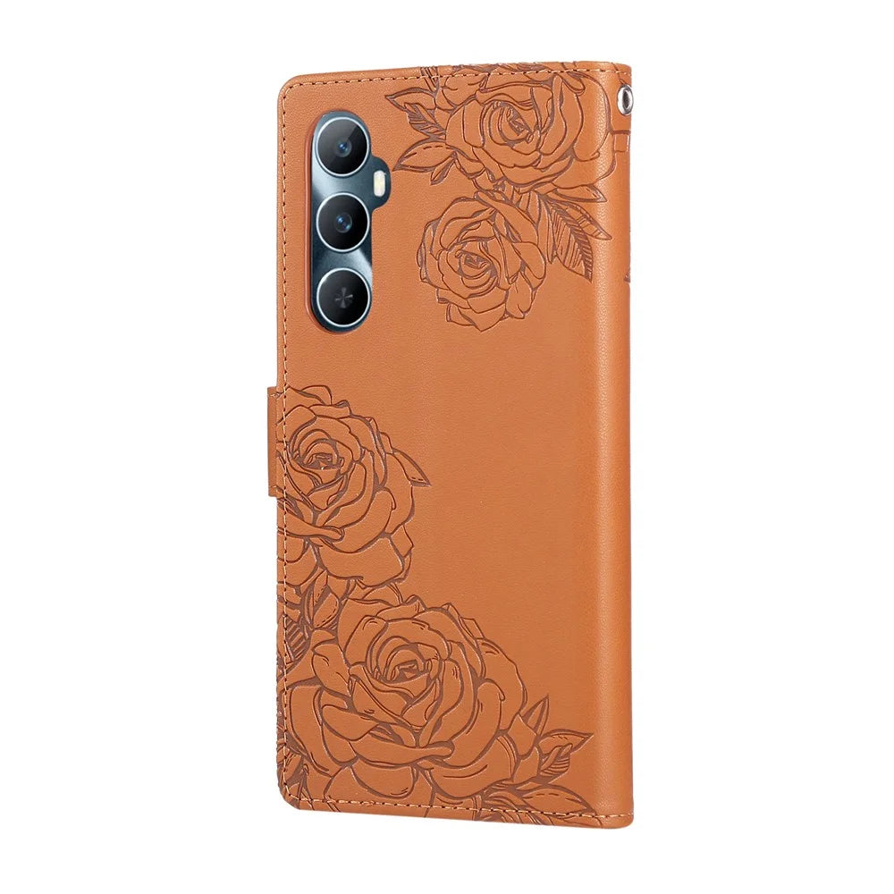 For Realme C65 4G Case Rose Flower PU Leather Wallet Phone Cover with 3 Card Slots / Wrist Strap - Brown - 7