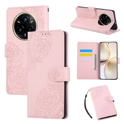 For Realme 14 Pro 5G Case Rose Flower PU Leather Wallet Phone Cover with 3 Card Slots / Wrist Strap  - Rose Gold - 1