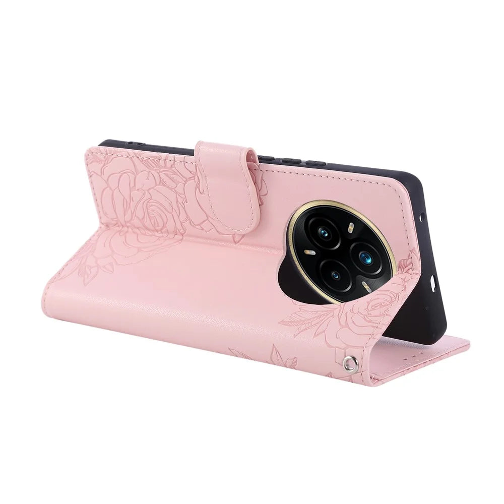 For Realme 14 Pro 5G Case Rose Flower PU Leather Wallet Phone Cover with 3 Card Slots / Wrist Strap  - Rose Gold - 2