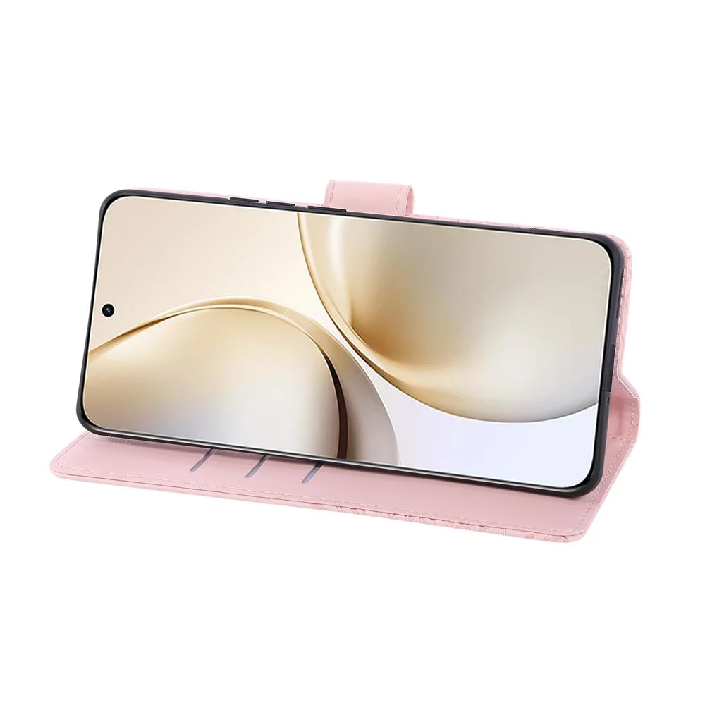 For Realme 14 Pro 5G Case Rose Flower PU Leather Wallet Phone Cover with 3 Card Slots / Wrist Strap  - Rose Gold - 3