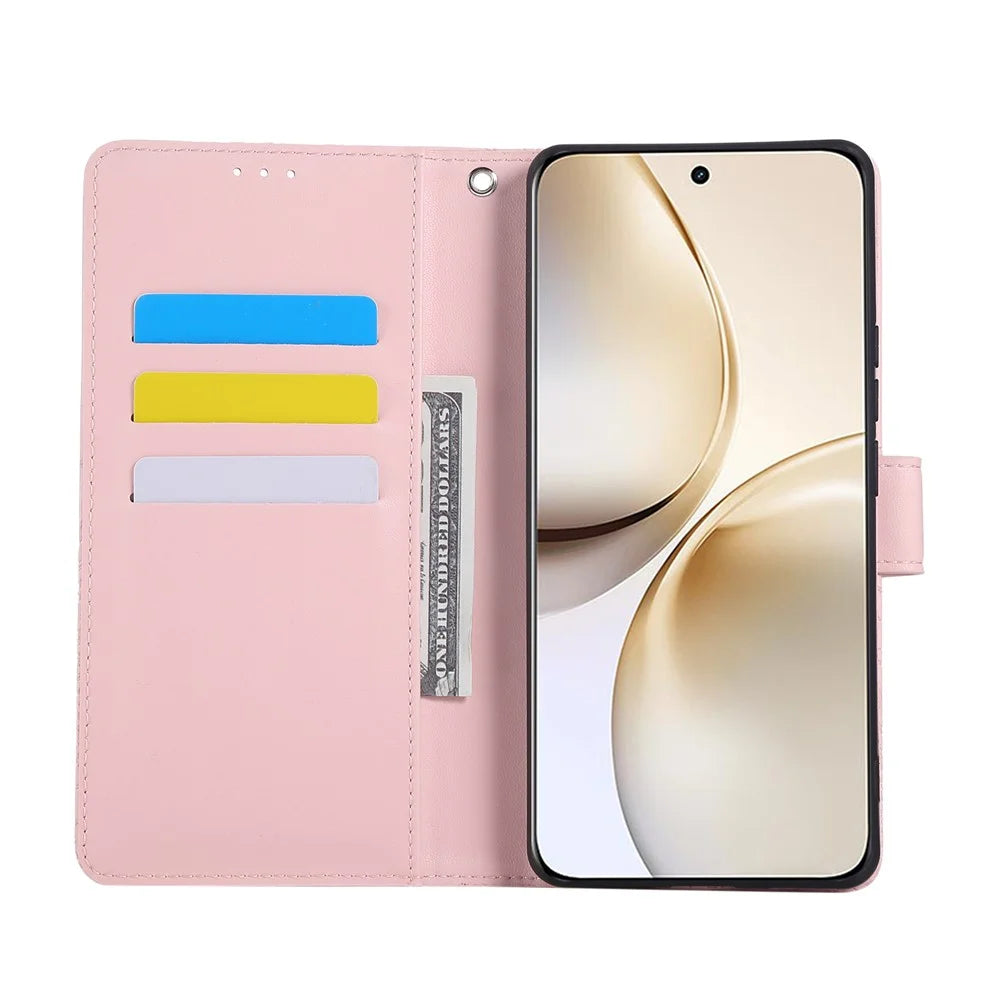 For Realme 14 Pro 5G Case Rose Flower PU Leather Wallet Phone Cover with 3 Card Slots / Wrist Strap  - Rose Gold - 4