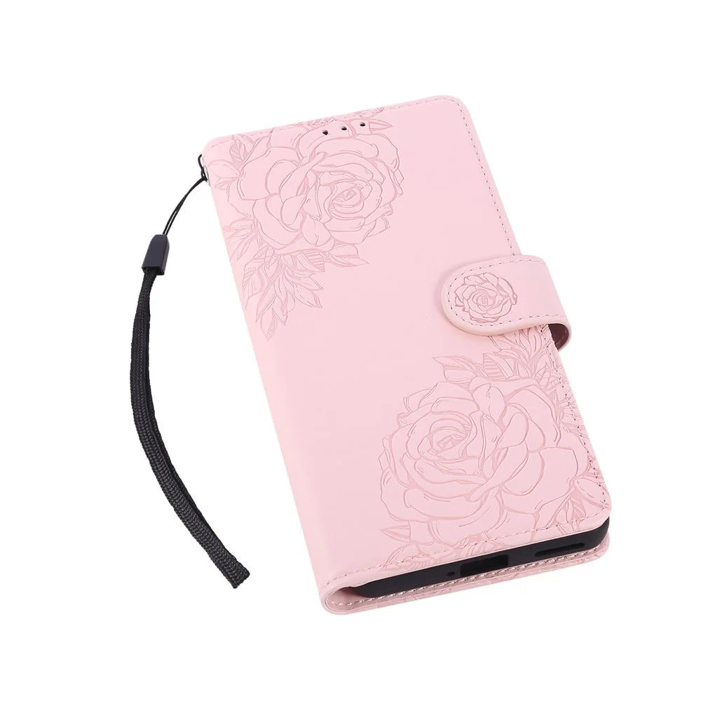 For Realme 14 Pro 5G Case Rose Flower PU Leather Wallet Phone Cover with 3 Card Slots / Wrist Strap  - Rose Gold - 5
