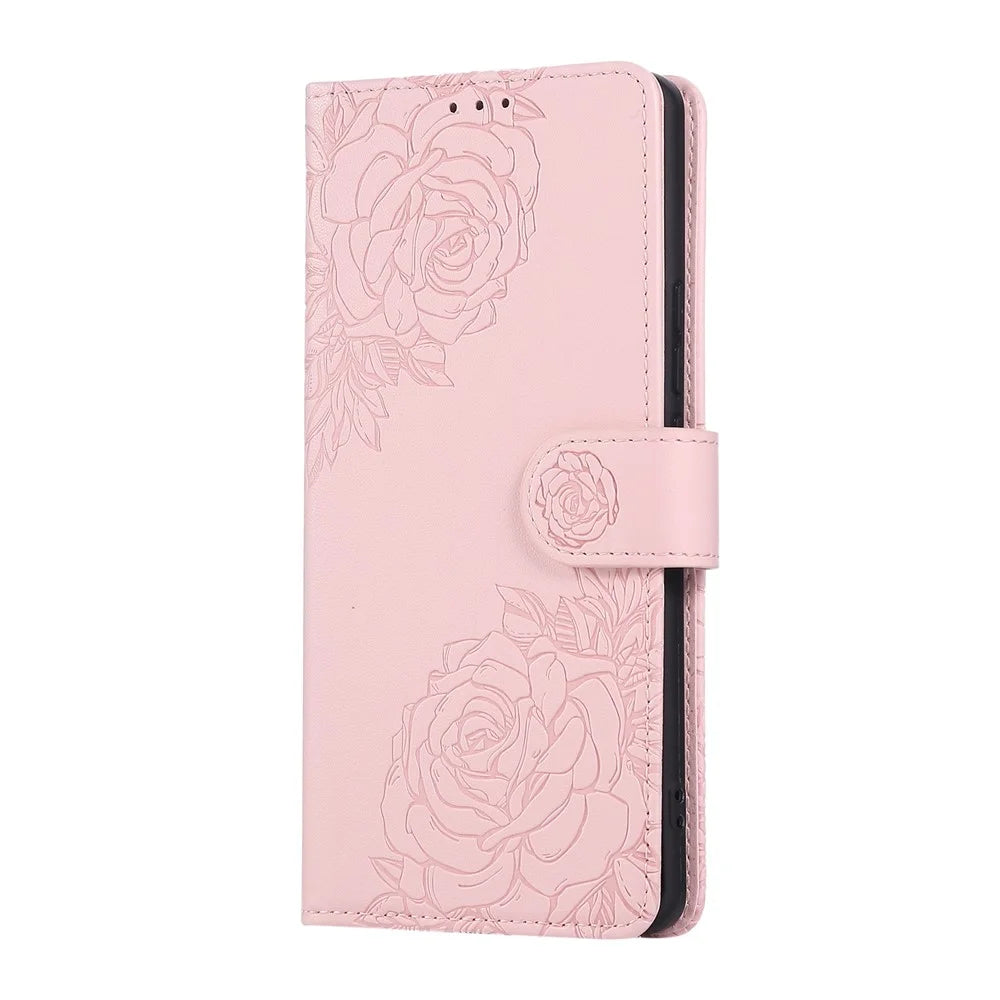 For Realme 14 Pro 5G Case Rose Flower PU Leather Wallet Phone Cover with 3 Card Slots / Wrist Strap  - Rose Gold - 6