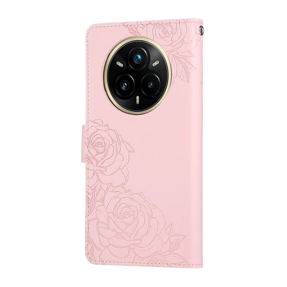 For Realme 14 Pro 5G Case Rose Flower PU Leather Wallet Phone Cover with 3 Card Slots / Wrist Strap  - Rose Gold - 7