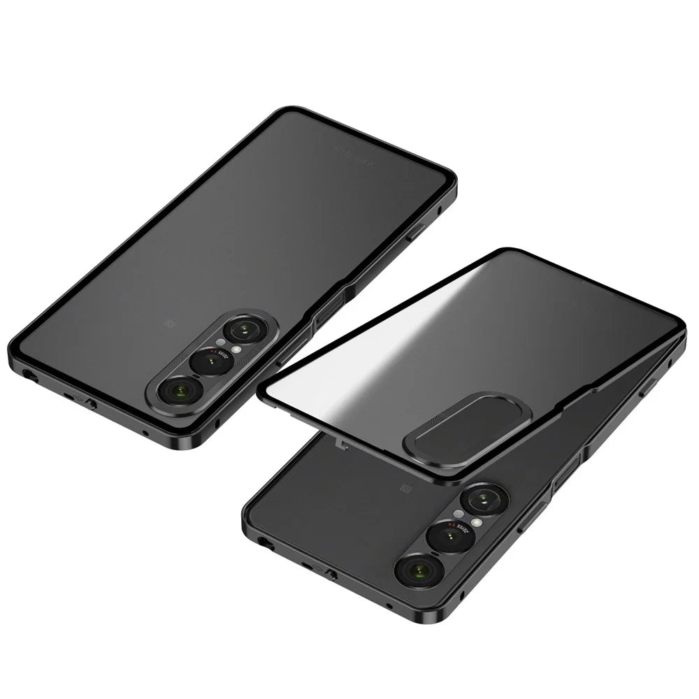 For Sony Xperia 1 VII Matte Case Aluminium Alloy + PC Phone Cover Pop-Up Snap Lock - Black - 1