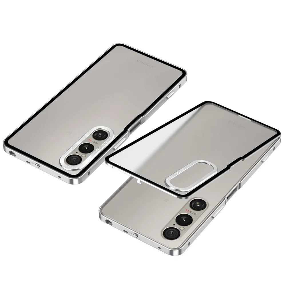 For Sony Xperia 1 VI Matte Case Aluminium Alloy + PC Phone Cover Pop-Up Snap Lock - Silver - 1