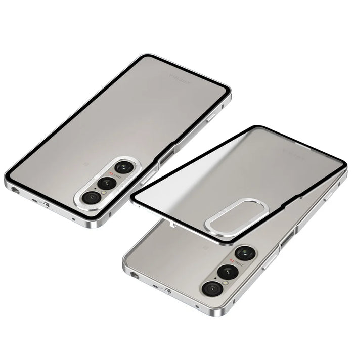 For Sony Xperia 1 VI Matte Case Aluminium Alloy + PC Phone Cover Pop-Up Snap Lock - Silver - 1