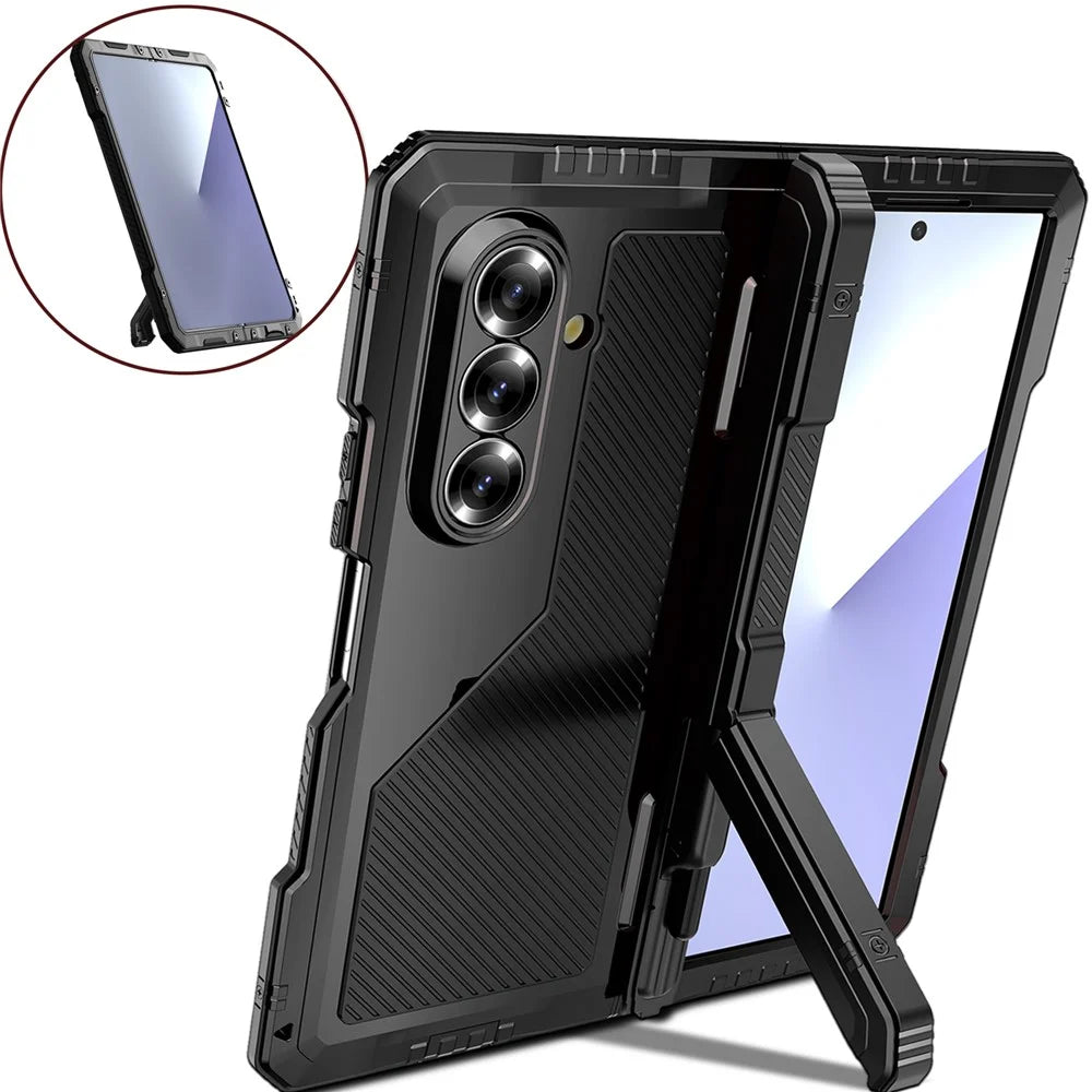 For Samsung Galaxy Z Fold7 5G Case Aluminium Alloy + Silicone Kickstand Cover with PET Screen Film - Black - 2
