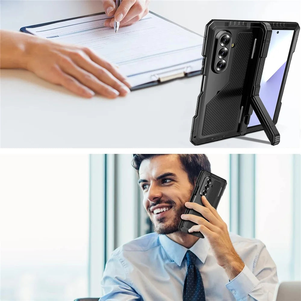 For Samsung Galaxy Z Fold7 5G Case Aluminium Alloy + Silicone Kickstand Cover with PET Screen Film - Black - 6