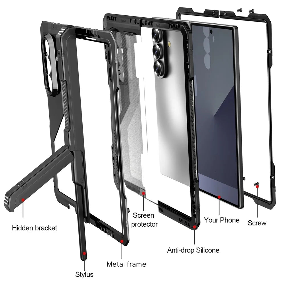 For Samsung Galaxy Z Fold7 5G Case Aluminium Alloy + Silicone Kickstand Cover with PET Screen Film - Black - 7