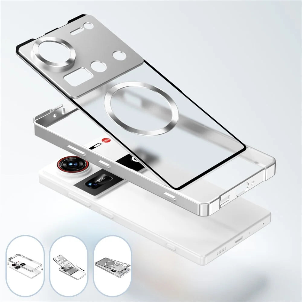 For ZTE nubia Z70 Ultra 5G Magnetic Case Hard PC Metal Frame Frosted Phone Back Cover - Silver - 5
