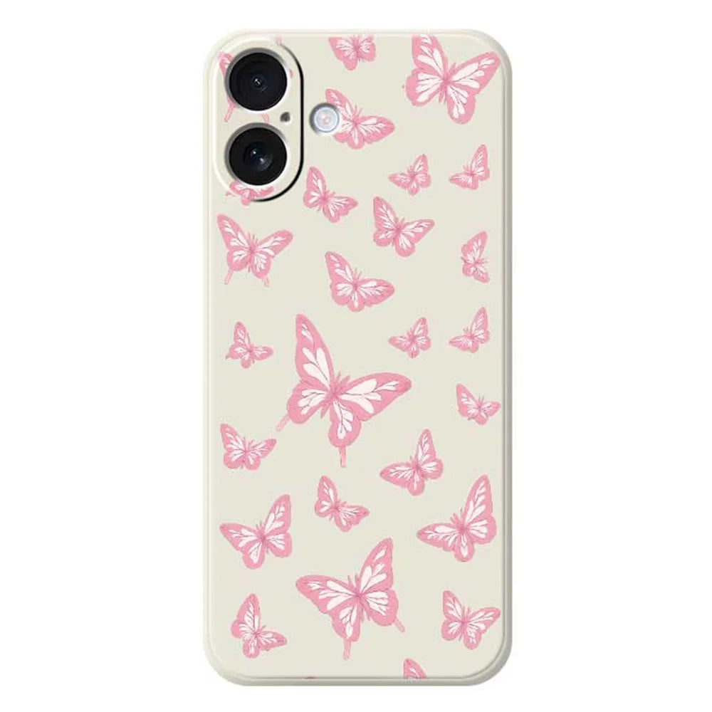 For iPhone 17 Case Pink Butterflies Pattern Printing Straight Edge TPU Phone Back Cover - Beige - 1