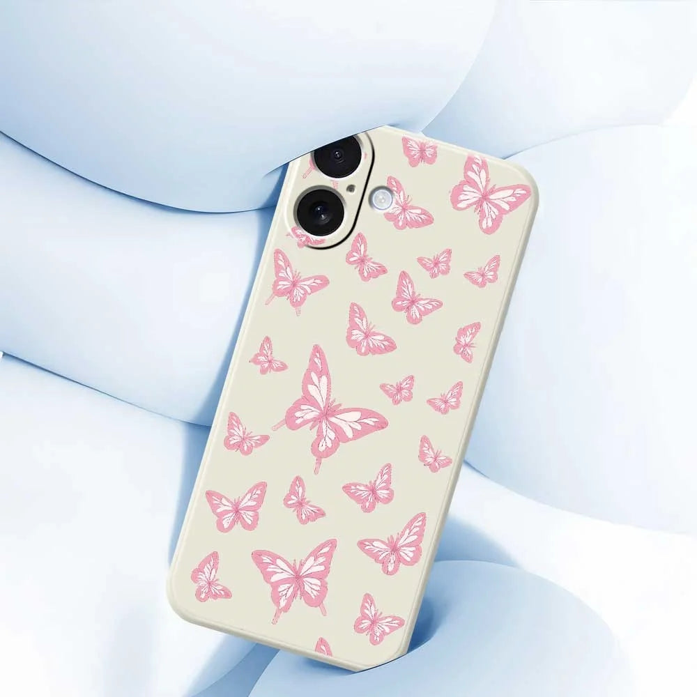 For iPhone 17 Case Pink Butterflies Pattern Printing Straight Edge TPU Phone Back Cover - Beige - 5