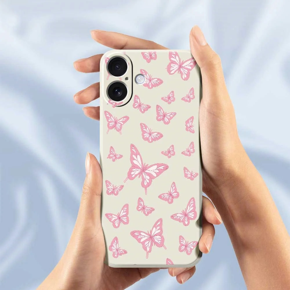 For iPhone 17 Case Pink Butterflies Pattern Printing Straight Edge TPU Phone Back Cover - Beige - 6