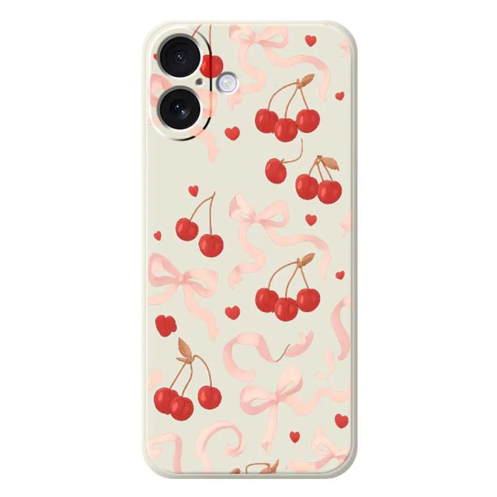 For iPhone 17 Case Big Bow Cherry Pattern Printing Straight Edge TPU Phone Back Cover - Beige - 1