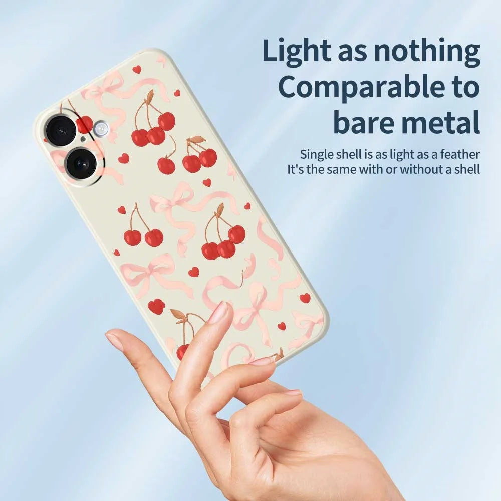 For iPhone 17 Case Big Bow Cherry Pattern Printing Straight Edge TPU Phone Back Cover - Beige - 4