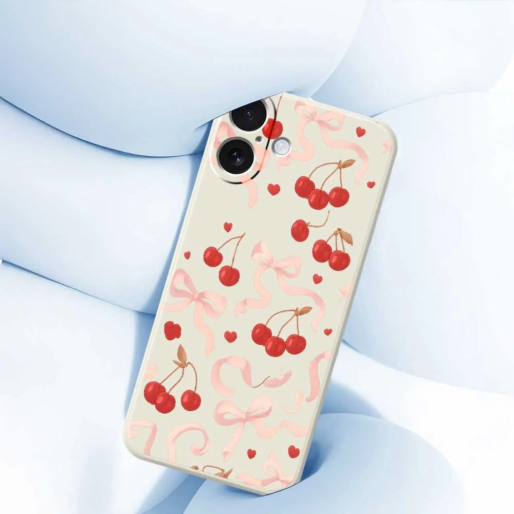 For iPhone 17 Case Big Bow Cherry Pattern Printing Straight Edge TPU Phone Back Cover - Beige - 5