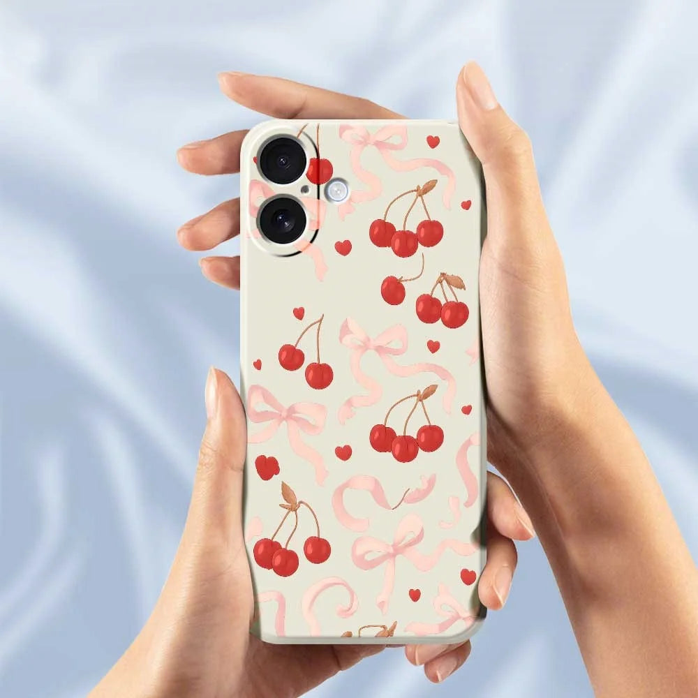 For iPhone 17 Case Big Bow Cherry Pattern Printing Straight Edge TPU Phone Back Cover - Beige - 6